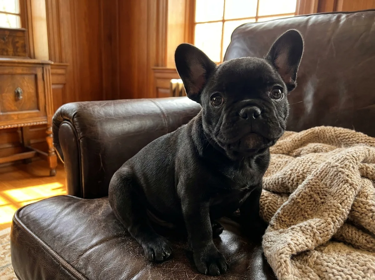 A cute little all-black French Bulldog puppy with big round eyes sitting on a dark brown sofa with a beige throw